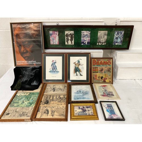 120 - BOX OF FRAMED PICTURES BEANO GOLF ETC