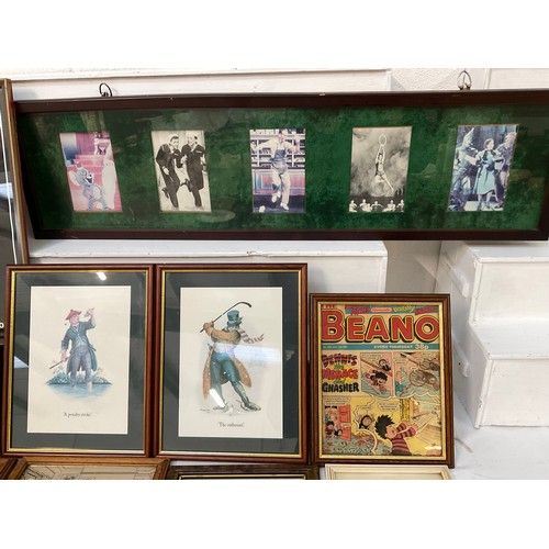 120 - BOX OF FRAMED PICTURES BEANO GOLF ETC