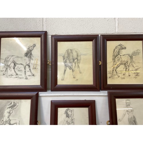 122 - BOX OF FRAMED PICTURES EROCTICA HORSES ETC