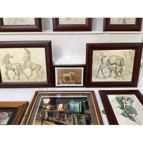 122 - BOX OF FRAMED PICTURES EROCTICA HORSES ETC