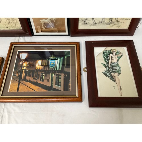 122 - BOX OF FRAMED PICTURES EROCTICA HORSES ETC