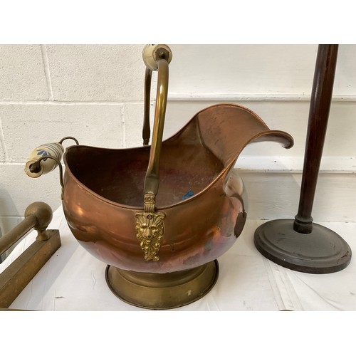 129 - BRASS FENDER A/F STICK STAND COAL HELMENT ASH TRAY AND COPPER HUNTING HORN