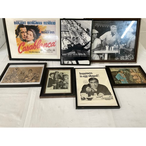 131 - BOX OF FRAMED FILM POSTERS ETC TO INCLUDE CASABLANCA MARX BROTHERS ETC