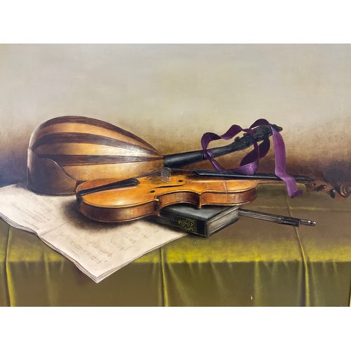 140 - GEORGES COULON FRAMED OILS ON CANVAS STILL LIFE MUSICAL INSTRUMENTS 
PURCHASED IN PARIS 1975 FOR 465... 