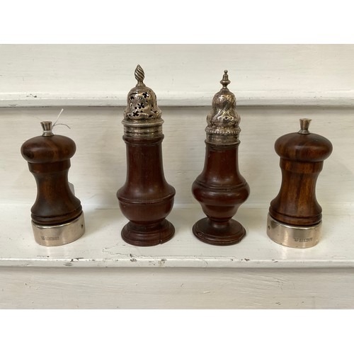 144 - 2 PAIRS OF TREEN CRUETS WITH HALLMARKED SILVER MOUNTS