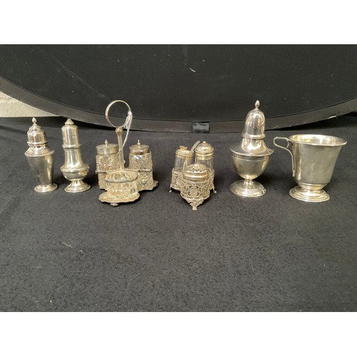 148 - 2 HALLMARKED SILVER CRUETS, 3 HALLMARKED SILVER SALT AND PEPPER POTS AND HALLMARKED SILVER CUP