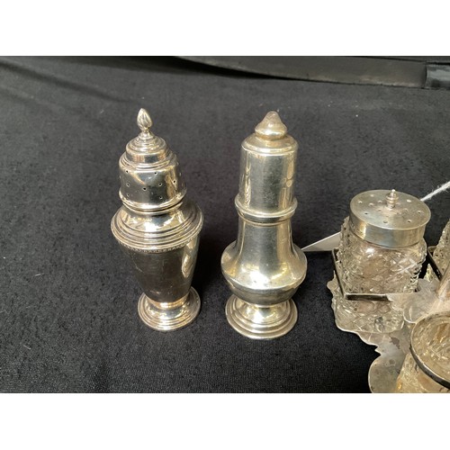 148 - 2 HALLMARKED SILVER CRUETS, 3 HALLMARKED SILVER SALT AND PEPPER POTS AND HALLMARKED SILVER CUP