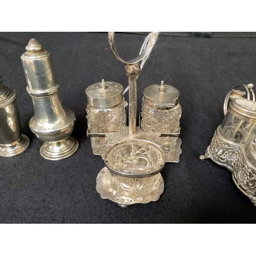 148 - 2 HALLMARKED SILVER CRUETS, 3 HALLMARKED SILVER SALT AND PEPPER POTS AND HALLMARKED SILVER CUP