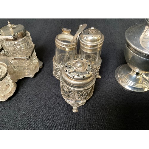 148 - 2 HALLMARKED SILVER CRUETS, 3 HALLMARKED SILVER SALT AND PEPPER POTS AND HALLMARKED SILVER CUP