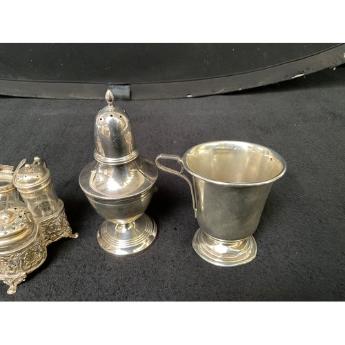 148 - 2 HALLMARKED SILVER CRUETS, 3 HALLMARKED SILVER SALT AND PEPPER POTS AND HALLMARKED SILVER CUP