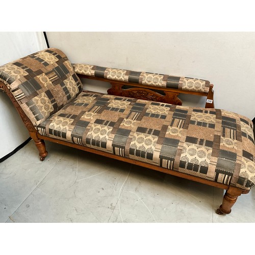 235 - EDWARDIAN CARVED OAK UPHOLSTERED CHAISE LOUNGE H29” L70” D24”