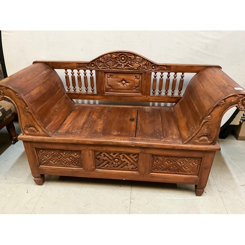 233 - CARVED CANVER WOOD SETTLE WITH STORAGE TO BASE H33” L53L D21”