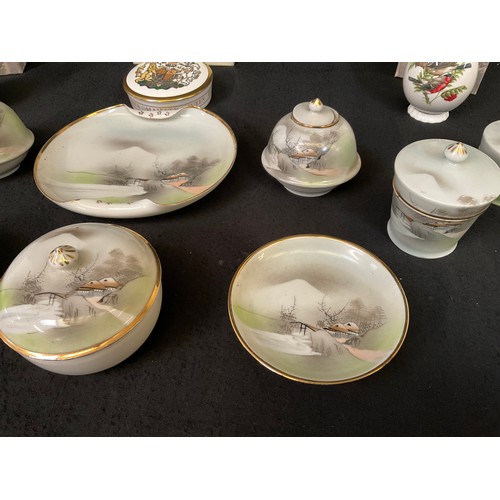 173 - BOX OF CHINA TO INCLUDE 2 CLARICE CLIFF PLATES JAPANISE DRESSING TABLE SET BOXED COALPORT ITEMS