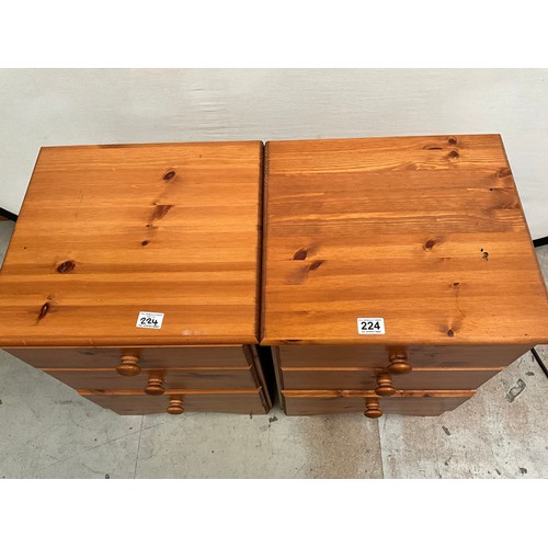 224 - PAIR OF MODERN PINE 3 DRAWER BEDSIDE CABINETS H22” L17” D16”