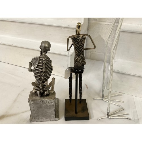 194 - 3 METAL SCUPLTURES BIRD,SKELETON,MUSICIAN