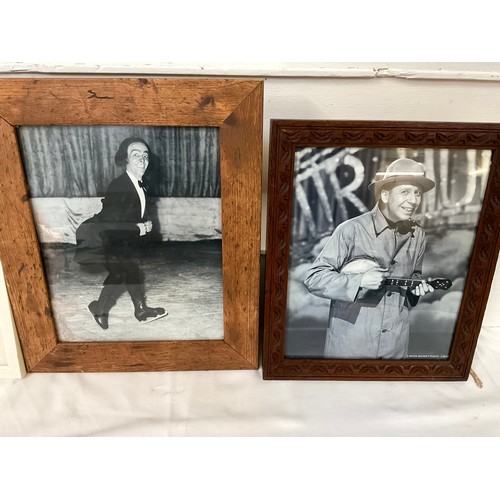 195 - BOX OF FRAMED PHOTOS TV STARS TO INCLUDE NORMAN WISDOM MAX WALL GEORGE FORMBY ETC