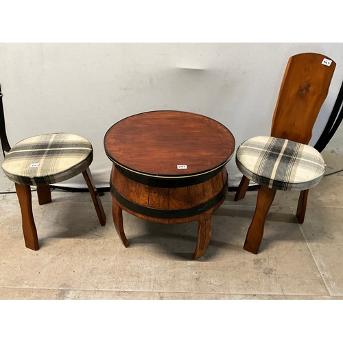 247 - OAK BARRELL TABLE WITH MATCHING CHAIR AND STOOL H35” (CHAIR) H22” D24” (TABLE)