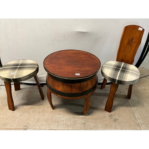 247 - OAK BARRELL TABLE WITH MATCHING CHAIR AND STOOL H35” (CHAIR) H22” D24” (TABLE)