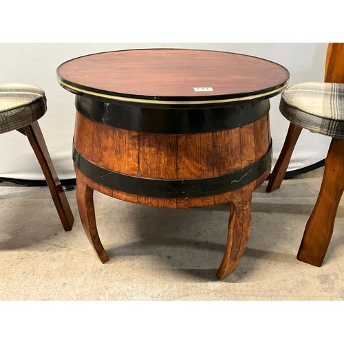 247 - OAK BARRELL TABLE WITH MATCHING CHAIR AND STOOL H35” (CHAIR) H22” D24” (TABLE)