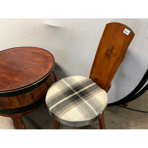 247 - OAK BARRELL TABLE WITH MATCHING CHAIR AND STOOL H35” (CHAIR) H22” D24” (TABLE)