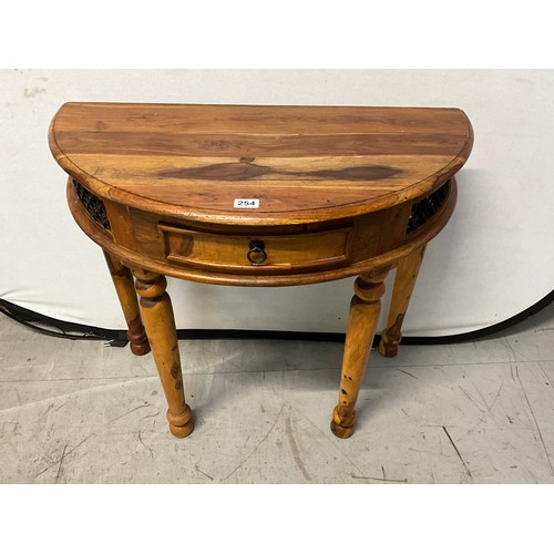 254 - MODERN ACACIA WOOD HALF MOON HALL TABLE WITH DRAWER H30.5” L35” L18”