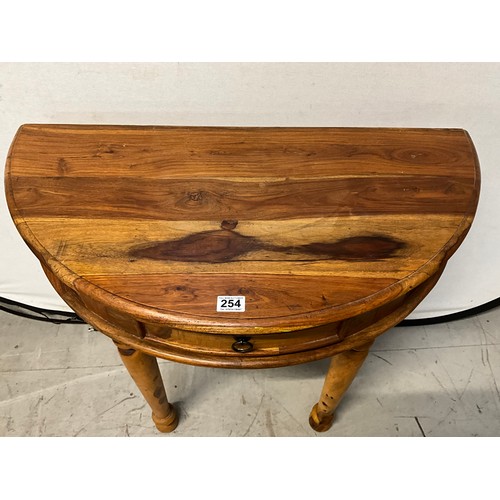 254 - MODERN ACACIA WOOD HALF MOON HALL TABLE WITH DRAWER H30.5” L35” L18”