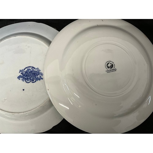 13 - A BOX OF VICTORIAN BLUE AND WHITE CHINA TO INCLUDE TERRINES WILLOW PATTERN PLATES ETC