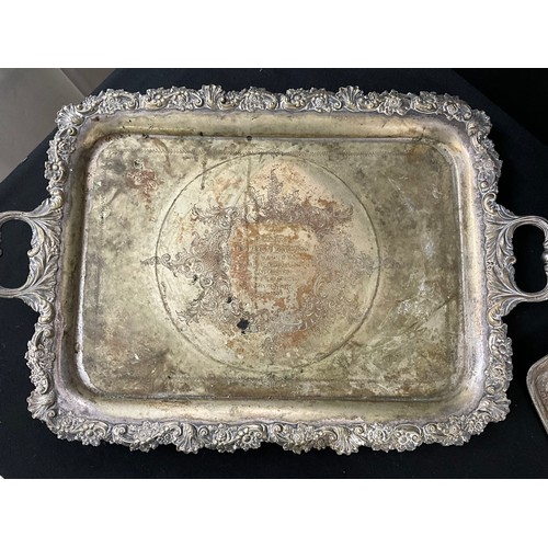 26 - A BOX OF SILVER PLATED ITEMS TO INCLUDE A LARGE SERVING TRAYS CANDLEABRA ETC