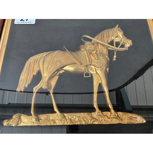 27 - THE VICTORIAN ROSEWOOD FRAMED GUILT METAL HORSE 14”X12”