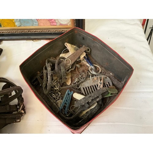 39 - A BOX OF HORSE HARNESS BITS AND ROSETTES AND FRAMED PICTURES OF ROSETTES