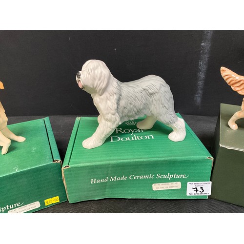 73 - TWO BOXED ROYAL DOULTON GOLDEN RETRIEVERS AND BOXED ROYAL DOULTON SHEEP DOG