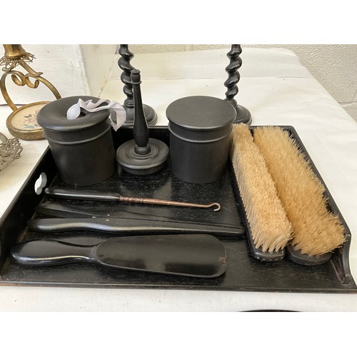 91 - A BOX OF DRESSING TABLE SETS TO INCLUDE EBONIZED EXAMPLE