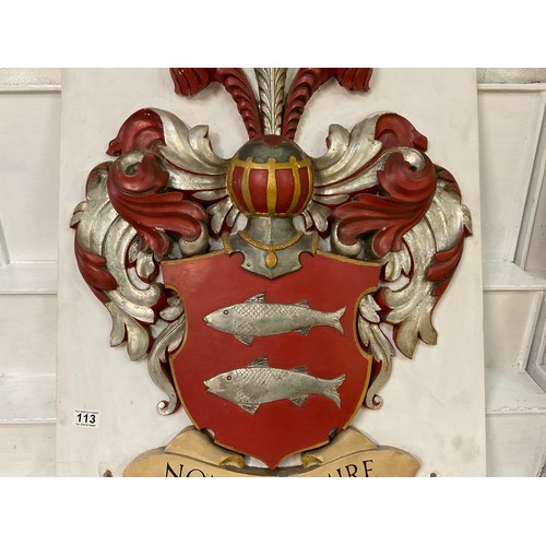 113 - CREST OF ARMS WALL PLAQUE ENTITLED NON DORMIRE 31”X21”