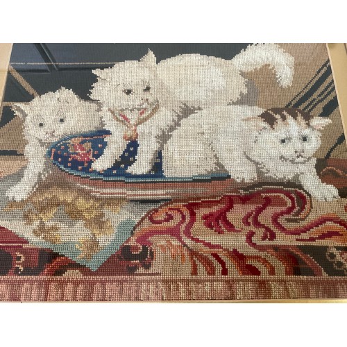 135 - VICTORIAN FRAMED TAPESTRY OF CATS IN A BOWL 22”X26”