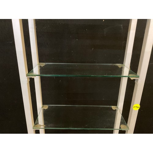 140 - A METAL FRAMED SHOP DISPLAY SHELF WITH GLASS SHELVES H71” L16” D6”