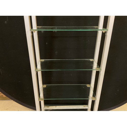 140 - A METAL FRAMED SHOP DISPLAY SHELF WITH GLASS SHELVES H71” L16” D6”