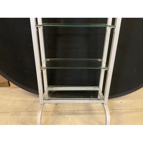 140 - A METAL FRAMED SHOP DISPLAY SHELF WITH GLASS SHELVES H71” L16” D6”