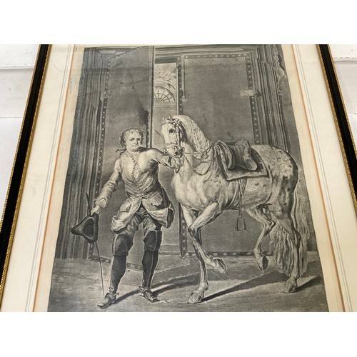 145 - A FRAMED FRENCH PICTURE OF A GENT AND HIS HORSE 27”X21”