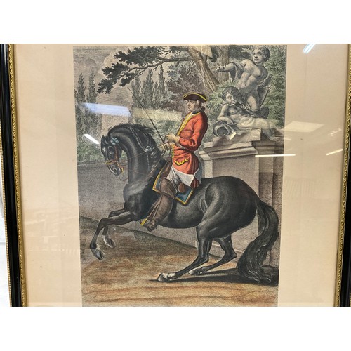 146 - FRAMED FRENCH PICTURE OF A MILITARY MAN HORSE BACK 34”X23”