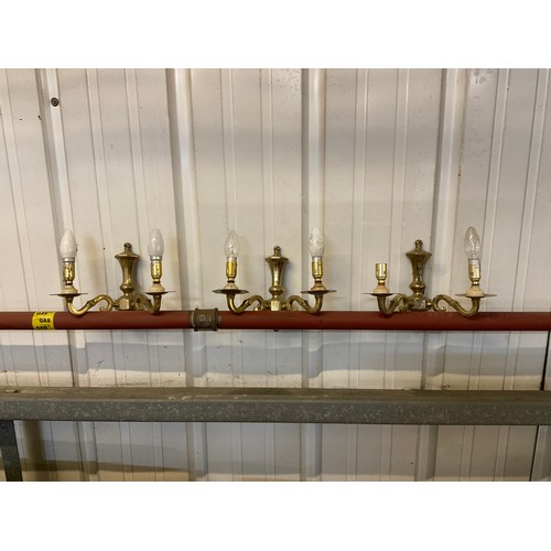 149 - SEVEN BRASS HANGING ELECTRIC CHANDELIERS AND FREE MATCHING WALL LIGHTS