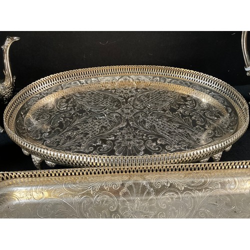 159 - A BOX OF SILVER PLATED ITEMS TO INCLUDE SERVING TRAYS 4 PIECE TEA AND COFFEE SET