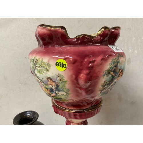 165 - MODERN CHINA JARDINERE ON STAND  H29” AND A MODERN BROWN VASE H17”