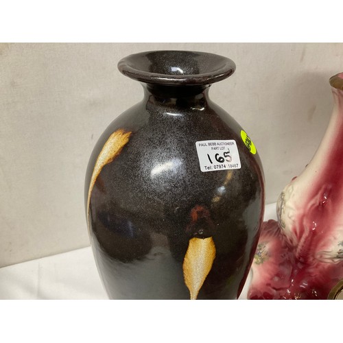 165 - MODERN CHINA JARDINERE ON STAND  H29” AND A MODERN BROWN VASE H17”