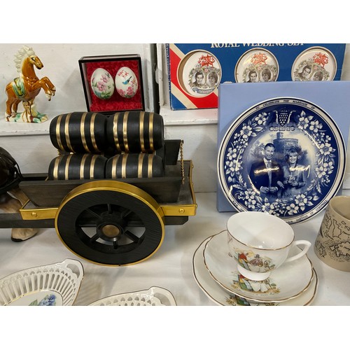 163 - TWO BOXES OF CHINA ETC TOO INCLUDE HORSE AND CART COMMEMMERATIVE WARE COLLECTORS SPOONS ETC