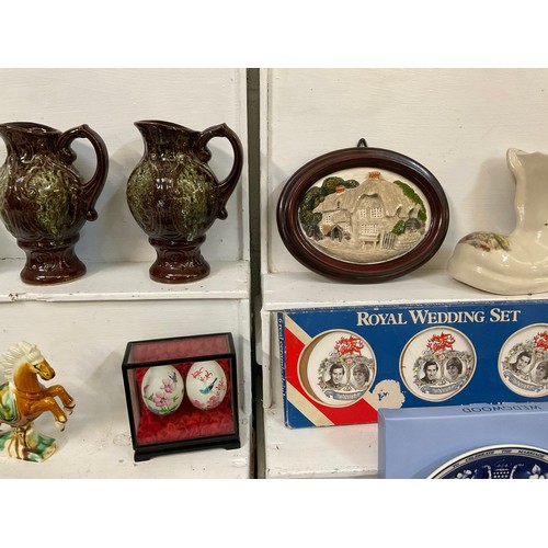 163 - TWO BOXES OF CHINA ETC TOO INCLUDE HORSE AND CART COMMEMMERATIVE WARE COLLECTORS SPOONS ETC