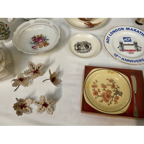 163 - TWO BOXES OF CHINA ETC TOO INCLUDE HORSE AND CART COMMEMMERATIVE WARE COLLECTORS SPOONS ETC