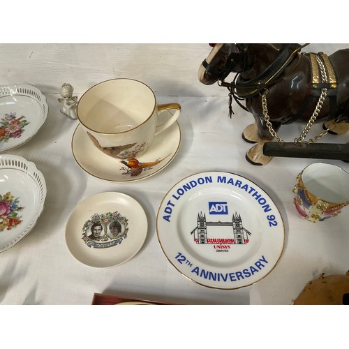 163 - TWO BOXES OF CHINA ETC TOO INCLUDE HORSE AND CART COMMEMMERATIVE WARE COLLECTORS SPOONS ETC