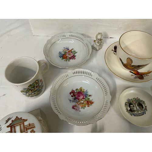 163 - TWO BOXES OF CHINA ETC TOO INCLUDE HORSE AND CART COMMEMMERATIVE WARE COLLECTORS SPOONS ETC