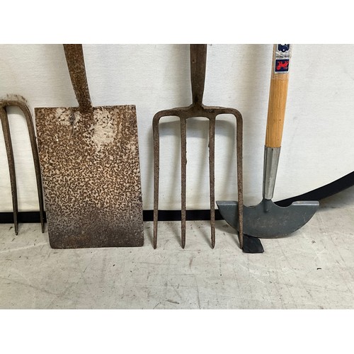 182 - A QUANTITY OF VINTAGE GARDEN SHOVELS AND BORDER FORKS