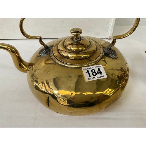 184 - VICTORIAN BRASS KETTLE WITH WOODEN HANDLE AND ONE OTHER WITH GLASS HANDLE